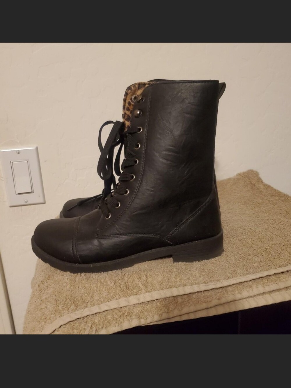 Women's Black Lace-Up Combat Boots with Leopard Detail
